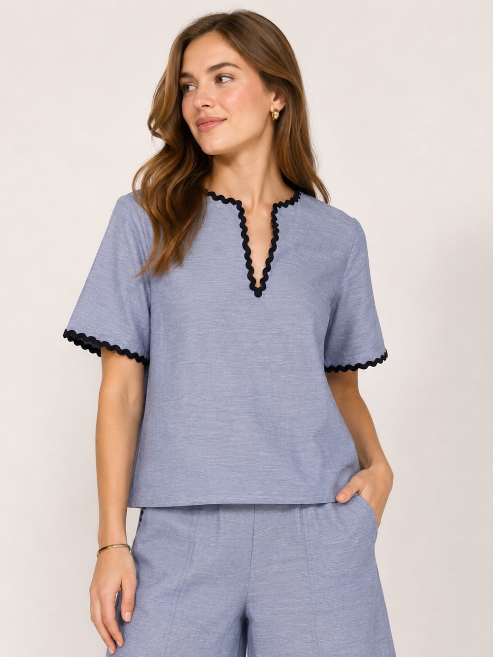 & Other Stories Blue Linen Cotton‎ Blend Cropped Rickrack Trimmed Top Sz. 4